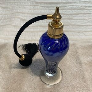 Vintage Cobalt Blue Art Glass Perfume Bottle w/Black Bulb Atomizer